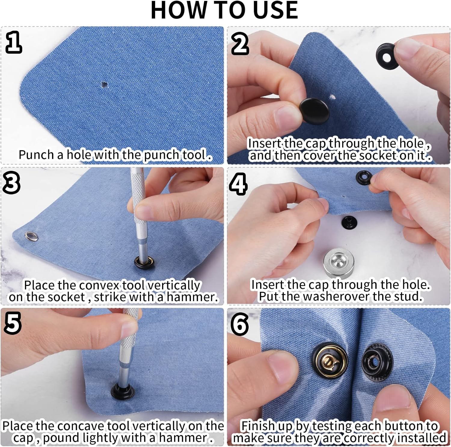 Thinp 12 Sets Snap Buttons Kit, Metal Snaps and Fasteners Kit Press Studs Snap Fasteners Clothing Snaps Button with 3 Pieces Snap Fastener Tool for Bags Jeans Clothes Fabric Leather Craft (Black) - Image 4